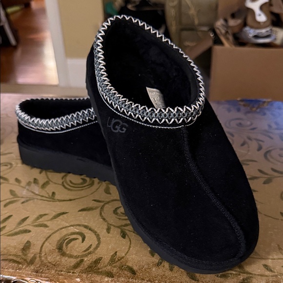 UGG Black Suede Tasman Slip-Ons with White Trim - Picture 1 of 5
